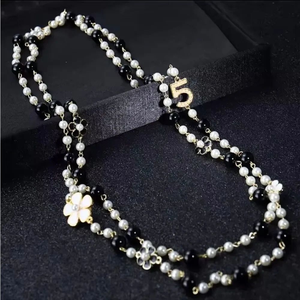 Designer Inspired Camellia Flower No. 5 Charm & Pearls Long Necklace
